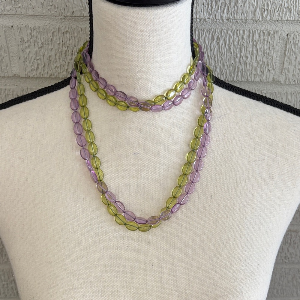 Set of 2 Long Necklaces Green and Purple Oval Glass Beads Strand Over the Head - Picture 5 of 7